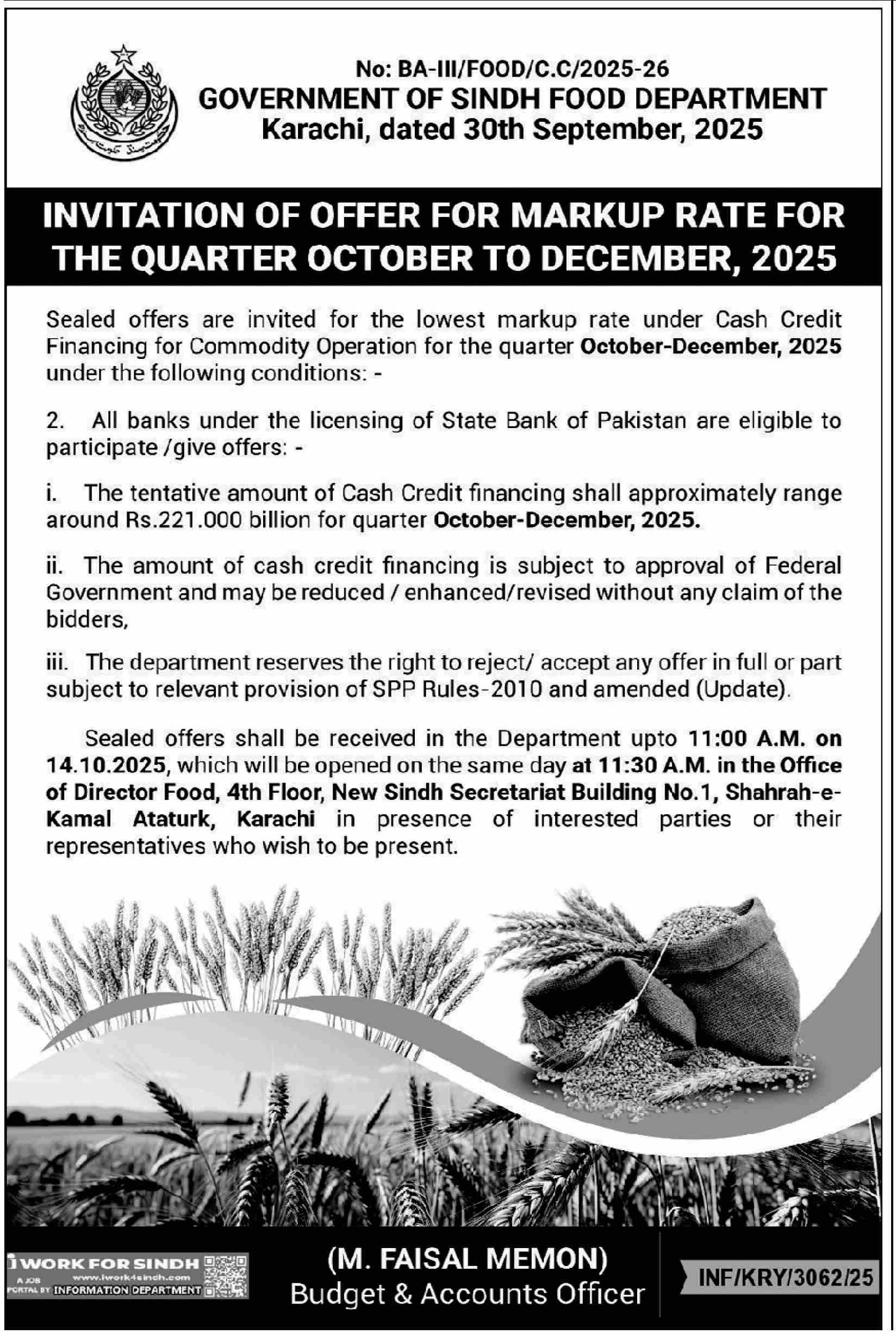 Food Department Karachi Tender Notice